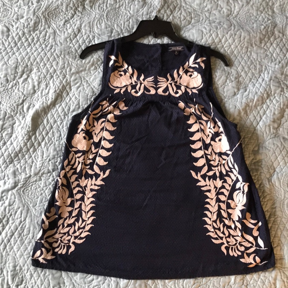 Lucky brand top. Navy and off white embroidery.